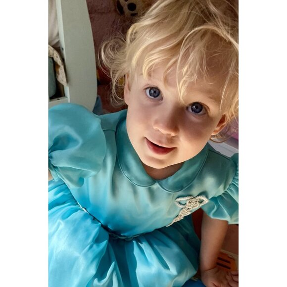 Vintage Toddler Dress, Size 3T, 1950s Aqua Blue Satin Dress for Toddler - Picture 2 of 9